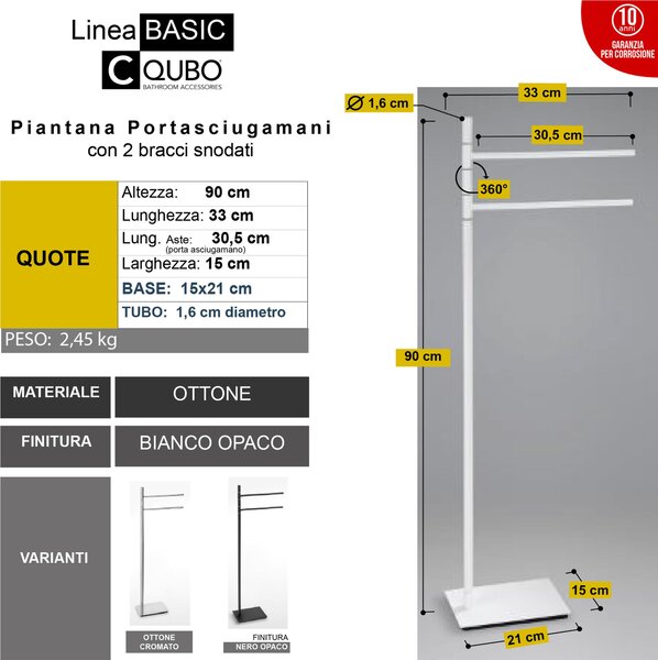 Piantana portasciugamani da bagno 2 bracci snodati Linea Basic Design Moderno dimensioni 33x15xh90 cm - bracci lunghezza 28 cm Bianco Opaco Garanzia i0 anni contro la ruggine