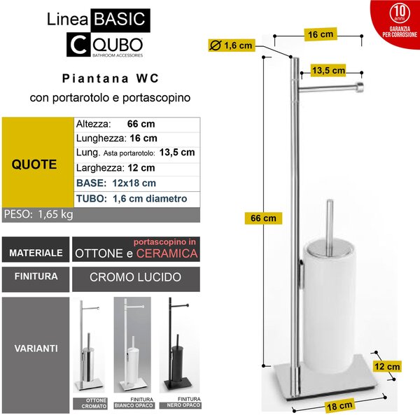 Piantana WC con Porta Rotolo pi� Porta scopino in Ceramica Linea Basic Design Moderno dimensioni 16x12xh66 cm - bracci lunghezza 28 cm cromo lucido Garanzia i0 anni contro la ruggine