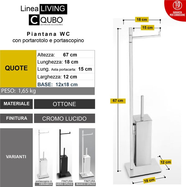 Piantana WC con Porta Rotolo pi� Porta scopino Linea Living Design Moderno dimensioni 33x15xh88 cm - bracci lunghezza 28 cm cromo lucido Garanzia i0 anni contro la ruggine