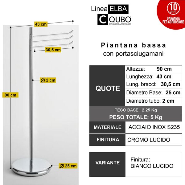 Piantana portasciugamani da bagno 3 bracci snodati ELBA 43x25xh90 cm - bracci lunghezza 28 cm cromo lucido Garanzia per anni contro la ruggine