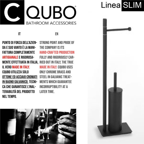 Piantana WC con Porta Rotolo pi� Porta scopino SLIM 18x18xh66 cm - base 12x18 cm in ottone finitura Nero opaco