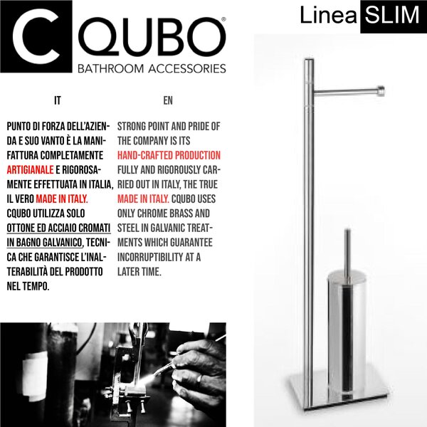 Piantana WC con Porta Rotolo pi� Porta scopino SLIM 18x18xh66 cm - base 12x18 cm in ottone finitura inox lucido bagno galvanico di oltre 22 micron inalterabile nel tempo