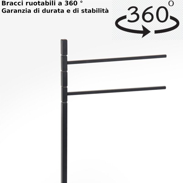 Piantana portasciugamani da bagno 2 bracci snodati 33x15xh88 cm - bracci lunghezza 28 cm Tubo quadrato 14x14 mm Nero Opaco Garanzia i0 anni contro la ruggine