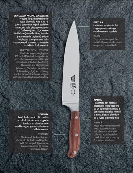Coltello cucina o lama forgiata in acciaio W.Nr.1.4116 cm 16, manico in legno di mogano , colore manico in legno di mogano scuro