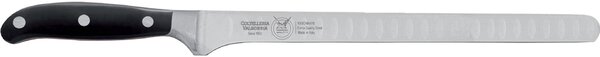 Coltello salmone Flessibile lama forgiata e alveolata che permette il passaggio dell'aria cm 26 in acciaio W.Nr.1.4116 , Forgiato manico nero , Manico in Resina Acetalica e rivetti inox