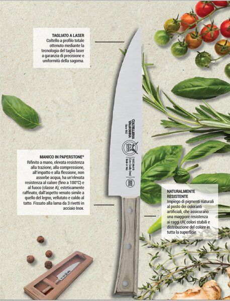 Set Bistecca due pezzi con coltello stretto 13 cm e forchetta colore nocciola, manico in paperstone perfetto per carni e bistecche di spessore