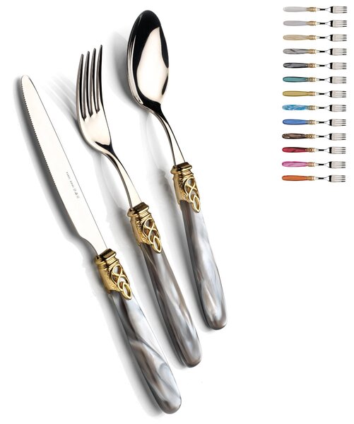 Set Posate 4 pezzi 1 posto tavola posate Gioiello Oro in acciaio 18/10 manico acrilico madreperlato con ghiera dorata, finitura Oro inox