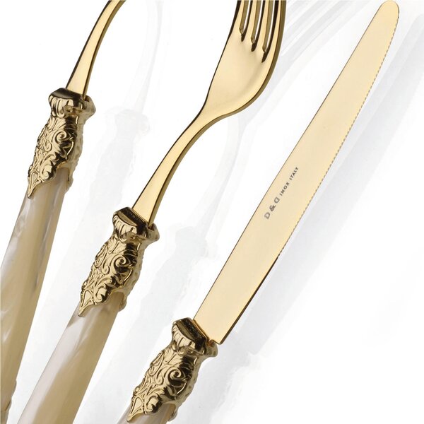 Set Posate Colorate 4 pezzi 1 posto tavola posate Versailles Tutto Oro in acciaio 18/10 manico acrilico madreperlato con doppia ghiera dorata finitura Oro inox