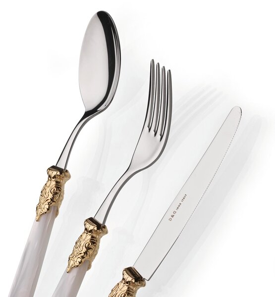 Set Posate Colorate 4 pezzi 1 posto tavola posate Versailles Oro in acciaio 18/10 manico acrilico madreperlato con doppia ghiera dorata finitura Oro inox
