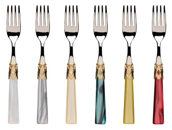 CAPRI Ghiera ORO E ACCIAIO, 6 posti tavola, Servizio posate 24 pezzi in acciaio inox 18/10 lucido spessore 2,5 mm Manico acrilico madreperlato con ghiera in ORO lucido lavabile in lavastoviglie