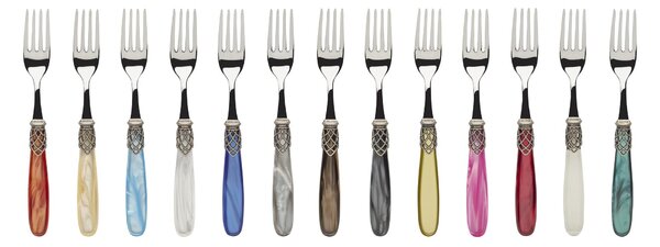 FRANCE inox ANTICO, 6 posti tavola, Servizio posate 24 pezzi in acciaio inox 18/10 lucido spessore 2,5 mm manico acrilico madreperlato con ghiera effetto argento antichizzato lavabile in lavastoviglie