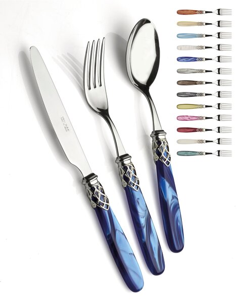 FRANCE LUCIDO, 6 posti tavola, Servizio posate 24 pezzi in acciaio inox 18/10 lucido spessore 2,5 mm Manico acrilico madreperlato con ghiera effetto argento lucido lavabile in lavastoviglie