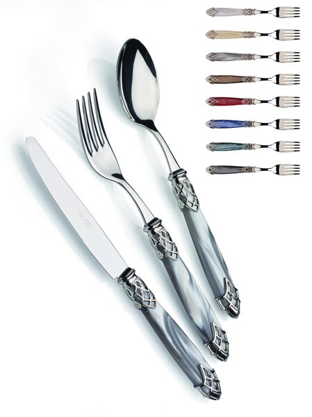 DUBAI LUCIDO, 6 posti tavola, Servizio posate 24 pezzi in acciaio inox 18/10 lucido spessore 2,5 mm Manico in acrilico madreperlato con ghiera in metallo effetto lucido lavabile in lavastoviglie