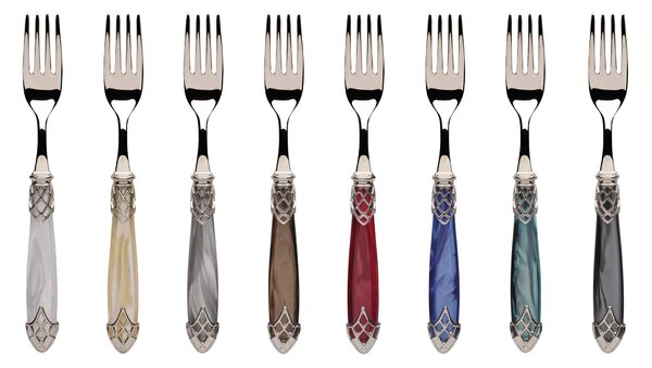 DUBAI LUCIDO, 6 posti tavola, Servizio posate 24 pezzi in acciaio inox 18/10 lucido spessore 2,5 mm Manico in acrilico madreperlato con ghiera in metallo effetto lucido lavabile in lavastoviglie