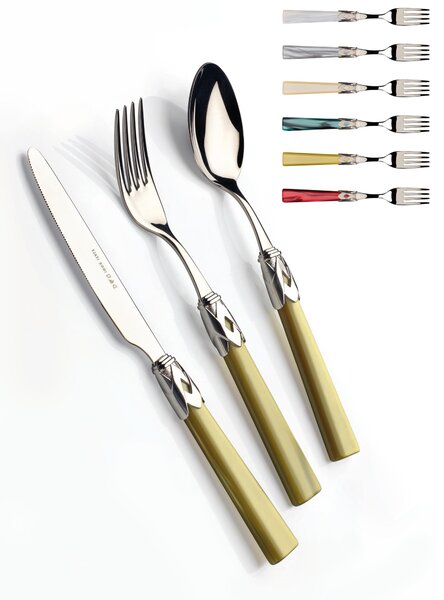 CAPRI Ghiera LUCIDO e acciaio 6 posti tavola, Servizio posate 24 pezzi in acciaio inox 18/10 lucido spessore 2,5 mm Manico in acrilico madreperlato con ghiera in inox lucido lavabile in lavastoviglie