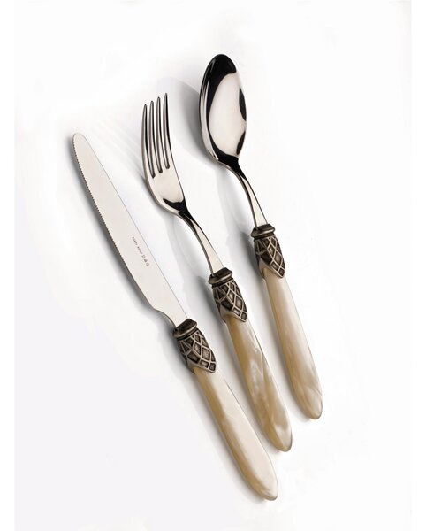 Elegant antico , 6 posti tavola, Servizio posate 24 pezzi in acciaio inox 18/10 lucido spessore 2,5 Manico acrilico madreperlato con ghiera effetto argento antichizzato