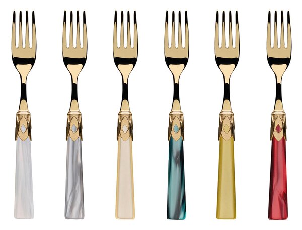 CAPRI Ghiera ORO e Posate oro, 6 posti tavola, Servizio posate 24 pezzi in acciaio inox 18/10 lucido spessore 2,5 mm Manico acrilico madreperlato con ghiera in metallo Oro Lucido lavabile in lavastoviglie