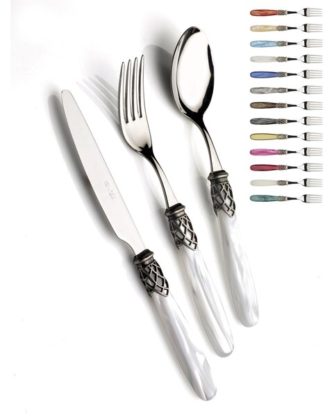 FRANCE inox ANTICO, 6 posti tavola, Servizio posate 24 pezzi in acciaio inox 18/10 lucido spessore 2,5 mm manico acrilico madreperlato con ghiera effetto argento antichizzato lavabile in lavastoviglie