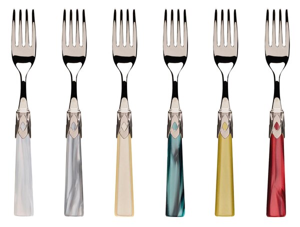 CAPRI Ghiera LUCIDO e acciaio 6 posti tavola, Servizio posate 24 pezzi in acciaio inox 18/10 lucido spessore 2,5 mm Manico in acrilico madreperlato con ghiera in inox lucido lavabile in lavastoviglie