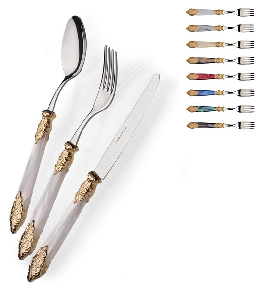 Set Posate Colorate 4 pezzi 1 posto tavola posate Versailles Oro in acciaio 18/10 manico acrilico madreperlato con doppia ghiera dorata finitura Oro inox