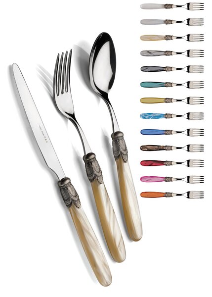 ISCHIA Ghiera ANTICO e Acciaio , 6 posti tavola, Servizio posate 24 pezzi in acciaio inox 18/10 lucido spessore 2,5 mm Manico in acrilico madreperlato con ghiera in metallo effetto antichizzato lavabile in lavastoviglie