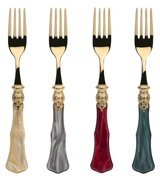 GINEVRA TUTTO ORO, 6 posti tavola, Servizio posate 24 pezzi in acciaio inox 18/10 lucido spessore 2,5 mm Manico acrilico madreperlato con ghiera in metallo effetto antichizzata lavabile in lavastoviglie