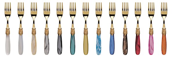 Servizio posate 24 pezzi ISCHIA Ghiera ORO Lucido e ORO in acciaio inox 18/10 lucido spessore 2,5 mm Manico in acrilico madreperlato con ghiera oro lucido