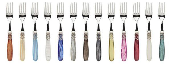FRANCE LUCIDO, 6 posti tavola, Servizio posate 24 pezzi in acciaio inox 18/10 lucido spessore 2,5 mm Manico acrilico madreperlato con ghiera effetto argento lucido lavabile in lavastoviglie