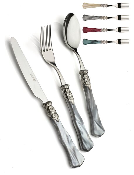 GINEVRA ANTICO, 6 posti tavola, Servizio posate 24 pezzi in acciaio inox 18/10 lucido spessore 2,5 mm Manico in acrilico madreperlato con ghiera in metallo effetto antichizzato lavabile in lavastoviglie
