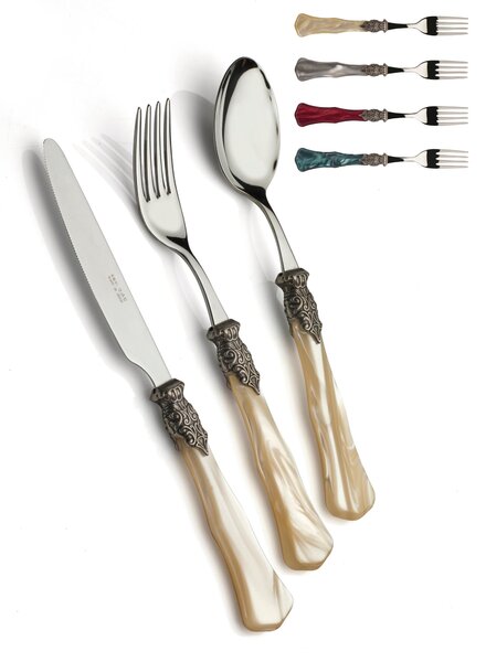 GINEVRA ANTICO, 6 posti tavola, Servizio posate 24 pezzi in acciaio inox 18/10 lucido spessore 2,5 mm Manico acrilico madreperlato con ghiera in metallo effetto antichizzato lavabile in lavastoviglie