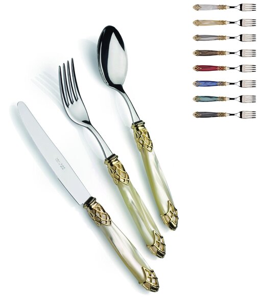 Servizio posate 4 pezzi posto tavola DUBAI Ghiera ORO E Posate ACCIAIO in acciaio inox 18/10 lucido spessore 2,5 mm manico acrilico madreperlato con ghiera Oro lucido lavabile in lavastoviglie