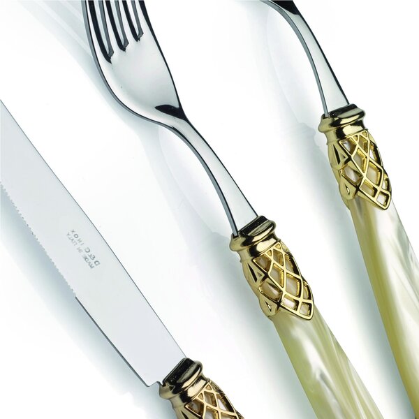 Servizio posate 4 pezzi posto tavola DUBAI Ghiera ORO E Posate ACCIAIO in acciaio inox 18/10 lucido spessore 2,5 mm manico acrilico madreperlato con ghiera Oro lucido lavabile in lavastoviglie