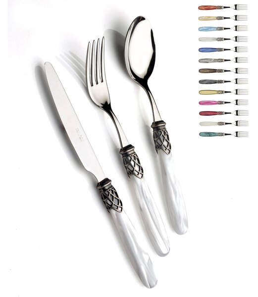 Servizio posate 4 pezzi posto tavola FRANCE Ghiera Antico in acciaio inox 18/10 lucido spessore 2,5 manico in acrilico madreperlato con ghiera in metallo effetto antichizzato