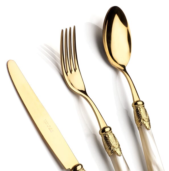Set Posate Colorate Set 4 pezzi 1 posto tavola posate Siena tutta oro in acciaio 18/10 manico acrilico madreperlato doppia ghiera dorata finitura oro