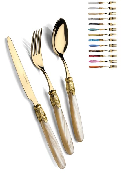 Servizio posate Ischia Ghiera oro Anticato e Oro, un posto tavola, Servizio posate 4 pezzi in acciaio inox 18/10 lucido spessore 2,5 manico in acrilico madreperlato con ghiera in metallo Oro Anticato