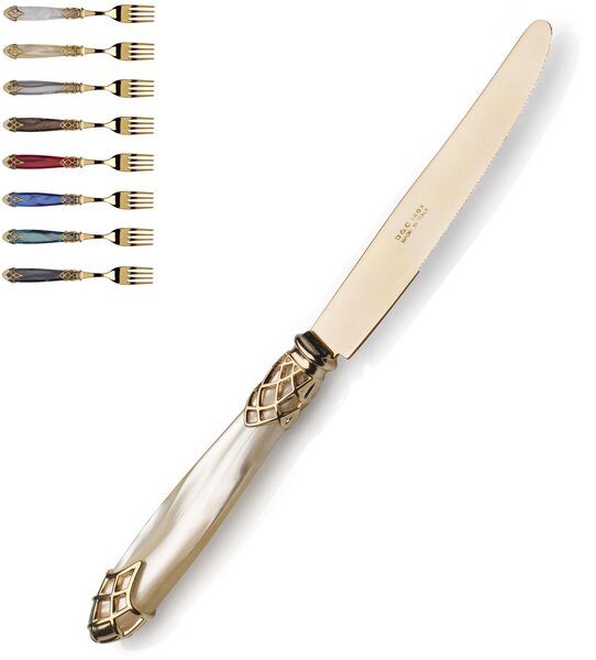 Coltello da tavola sfuso Dubai Ghiera Oro e posate in oro manico in acrilico madreperlato con ghiera dorata finitura tutto oro