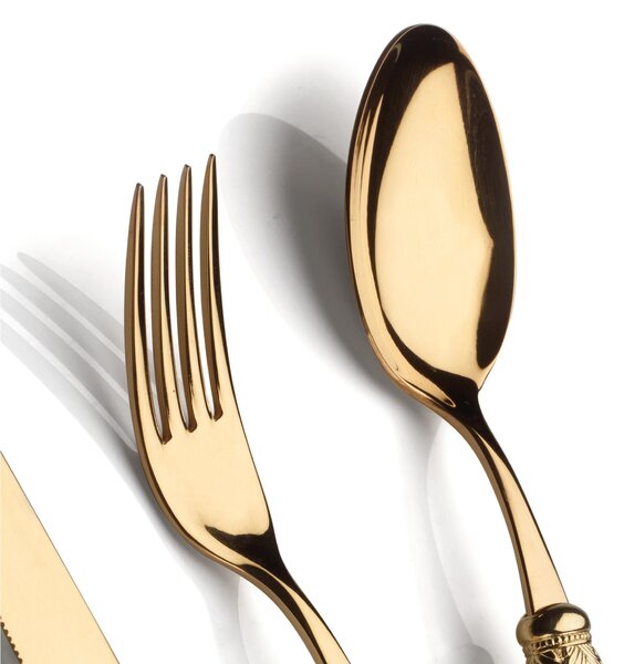 Posto tavola, Servizio posate 4 pezzi ISCHIA Ghiera ORO Lucido e oro in acciaio inox 18/10 lucido spessore 2,5 mm Manico in acrilico madreperlato con ghiera in metallo effetto ORO Lucido