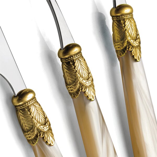 Servizio posate Ischia Oro Anticato e Acciaio , un posti tavola, Servizio posate 4 pezzi in acciaio inox 18/10 lucido spessore 2,5 manico in acrilico madreperlato con ghiera antichizzata