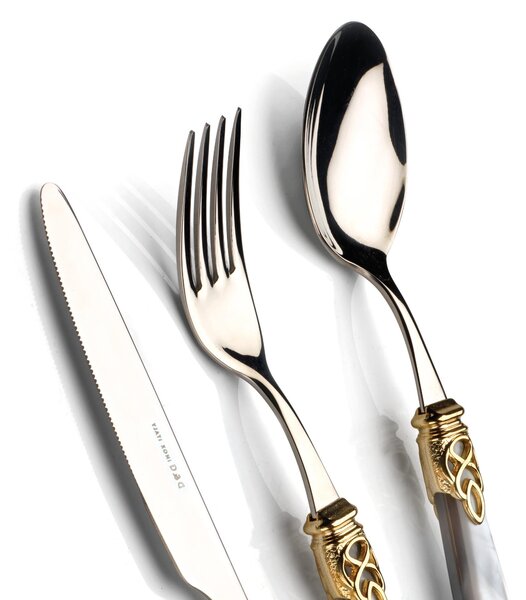 Set Posate 4 pezzi 1 posto tavola posate Gioiello Oro in acciaio 18/10 manico acrilico madreperlato con ghiera dorata, finitura Oro inox
