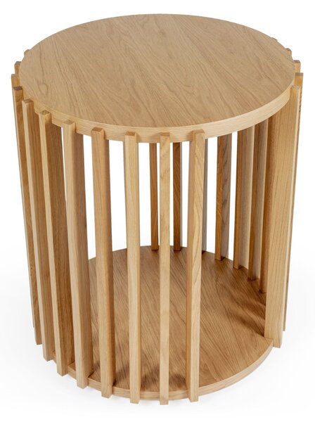 Tavolino drum rovere in legno ingegnerizzato e massiccio, dimensioni 53 x 53 x h58 cm, peso 17 Kg, finitura Quercia