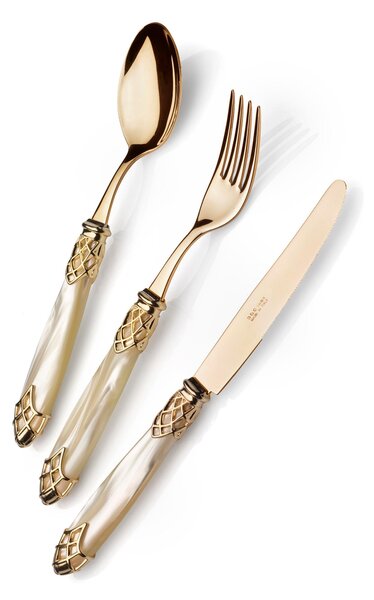 Coltello da tavola sfuso Dubai Ghiera Oro e posate in oro manico in acrilico madreperlato con ghiera dorata finitura tutto oro