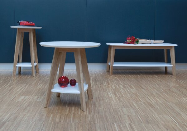 Tavolino Kensal Color in legno ingegnerizzato e massiccio, dimensioni 55 x 55 x h55 cm, peso 7 Kg, finitura legno bianco