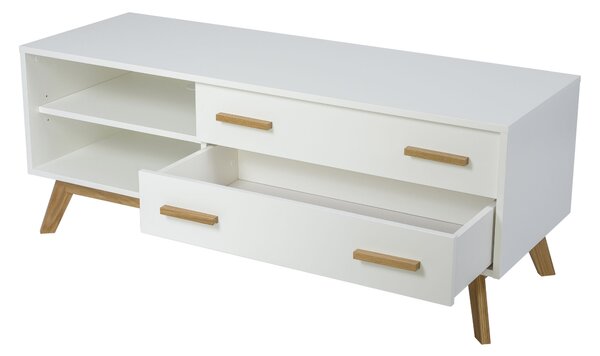 Mobile tv nordico kensai in legno ingegnerizzato e massiccio, dimensioni 130 x 45 x h50 cm, peso 32 Kg, finitura bianco, rovere
