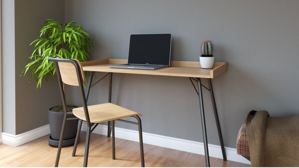 Scrivania Rayburn rovere in legno ingegnerizzato e massiccio, acciaio, dimensioni 115 x 52 x h78 cm, peso 15 Kg, finitura rovere, nero