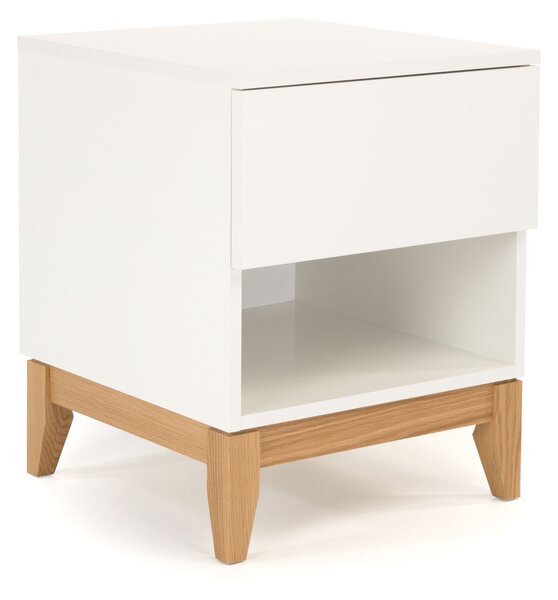 Tavolino Blanco in legno ingegnerizzato e massiccio, dimensioni 45 x 48 x h55 cm, peso 14 Kg, finitura bianco, rovere