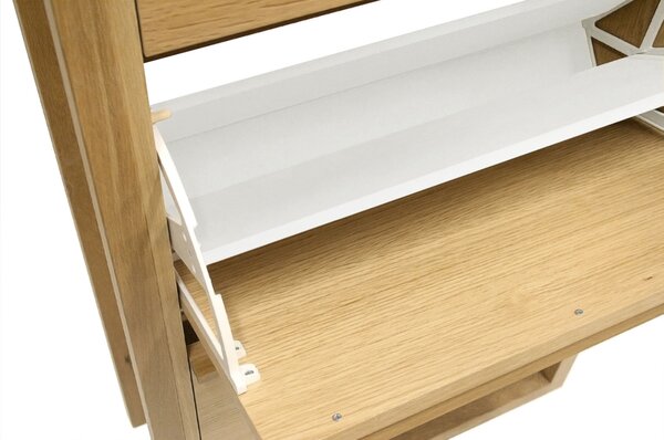 Scarpiera 3 ante NewEst in legno ingegnerizzato e solido, plastica, dimensioni 67 x 28 x h138 cm, peso 36 Kg, finitura quercia