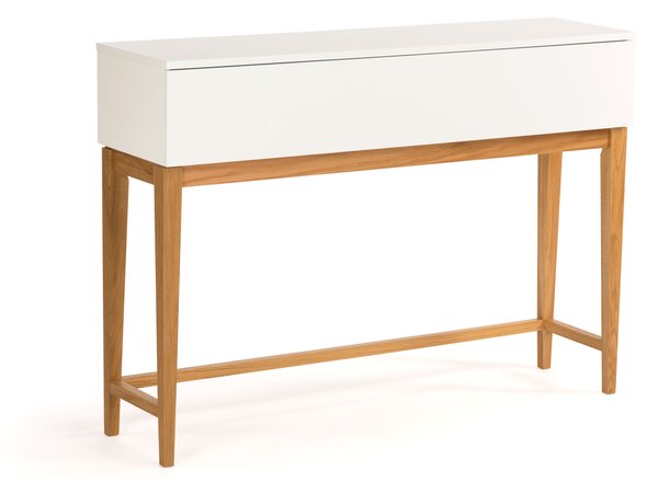 Consolle Blanco in legno ingegnerizzato e massiccio, dimensioni 120 x 32 x h85 cm, peso 22 Kg, finitura bianco, rovere