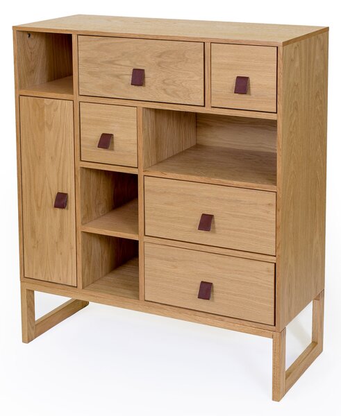 Cassettiera slussen in legno ingegnerizzato e massello, pelle, dimensioni 85 x 35 x h100 cm, peso 47 Kg, finitura legno di quercia