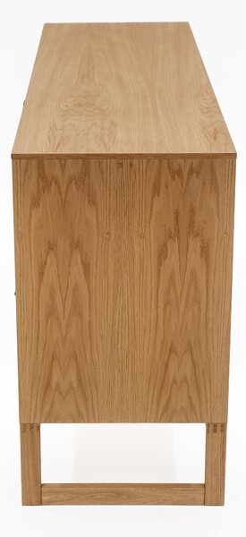 Credenza slussen in legno ingegnerizzato e massello, pelle, dimensioni 158 x 45 x h80 cm, peso 65 Kg, finitura legno di quercia