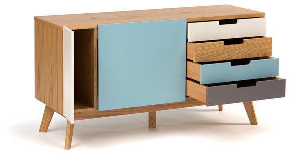 Credenza chaser quercia in legno ingegnerizzato e massiccio, dimensioni 135 x 47 x h71 cm, peso 56 Kg, finitura rovere, blu, bianco